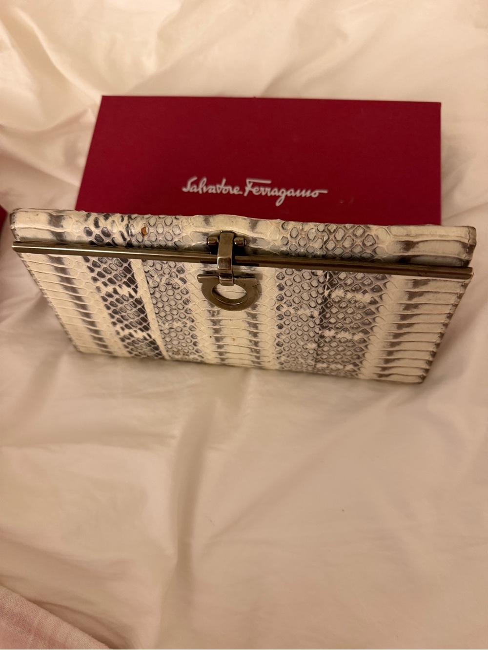Salvatore Ferragamo White and Gray Python-Print Box Clutch